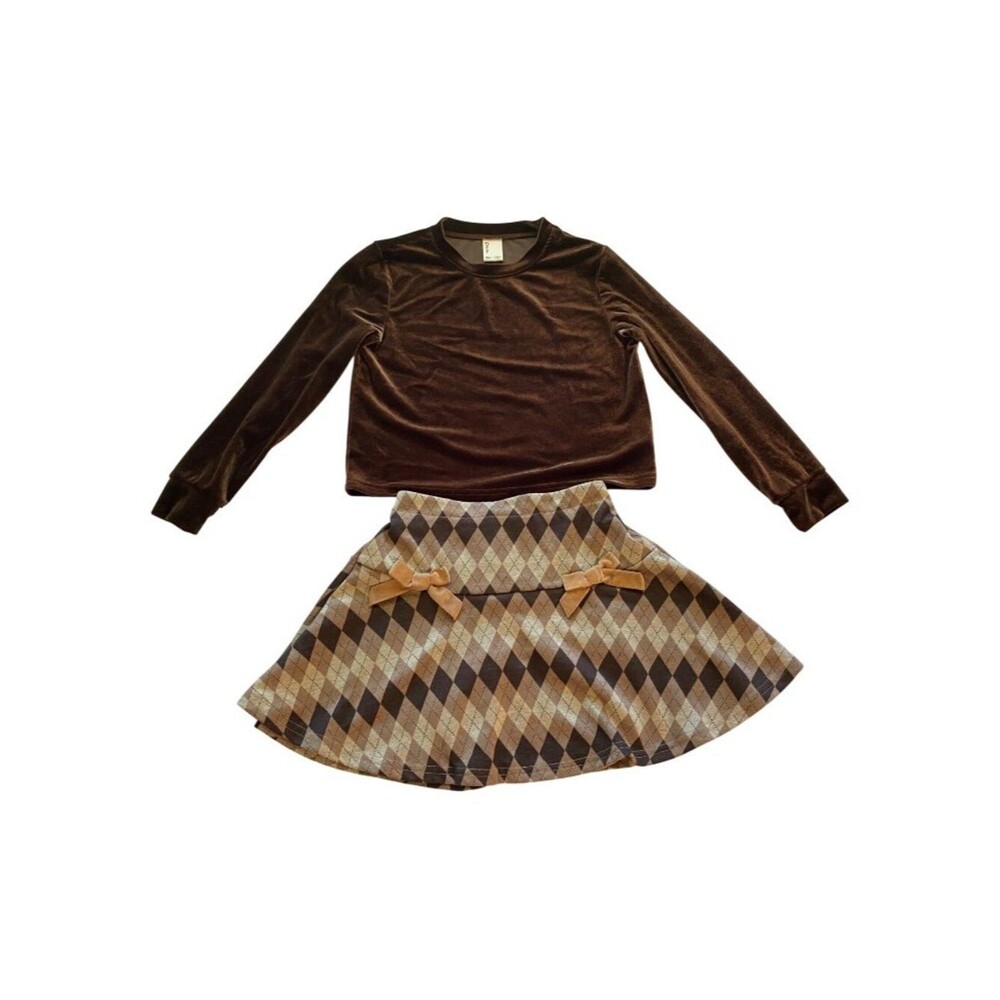 Pat Pat Girls Size 7-8Y 2-Piece Set: Brown Velvet Top & Argyle Pull On Skirt
